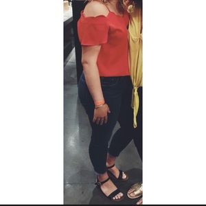 Red off the shoulder, scallop trim top